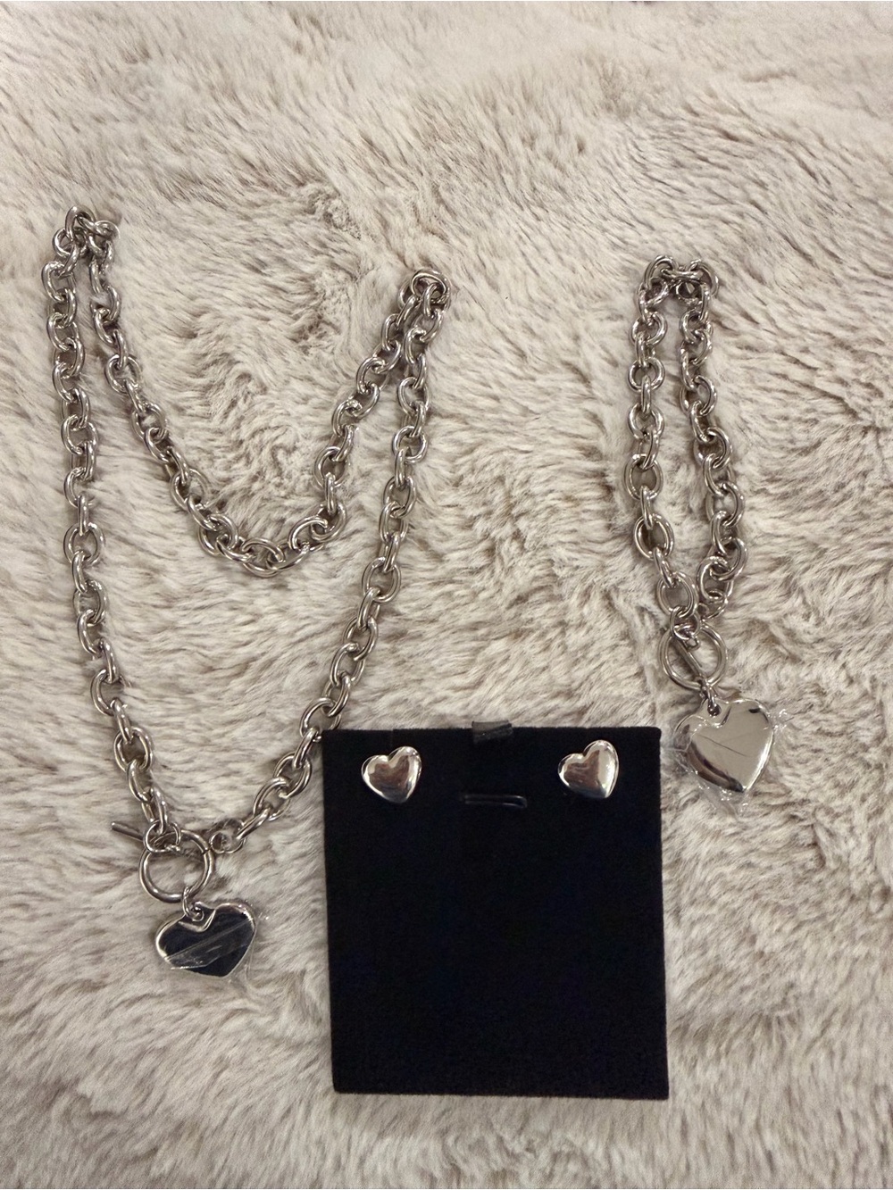 Silver Heart Charm Necklace, Bracelet & Stud Earring Set